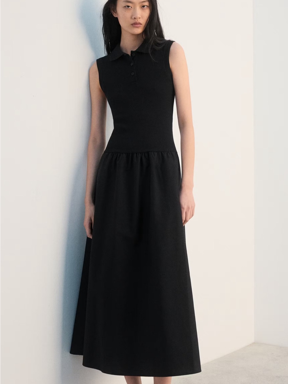 MANGO Polo Collar Mixed Maxi Dress Womens Black Sleeveless A Line NWT - Picture 7 of 8
